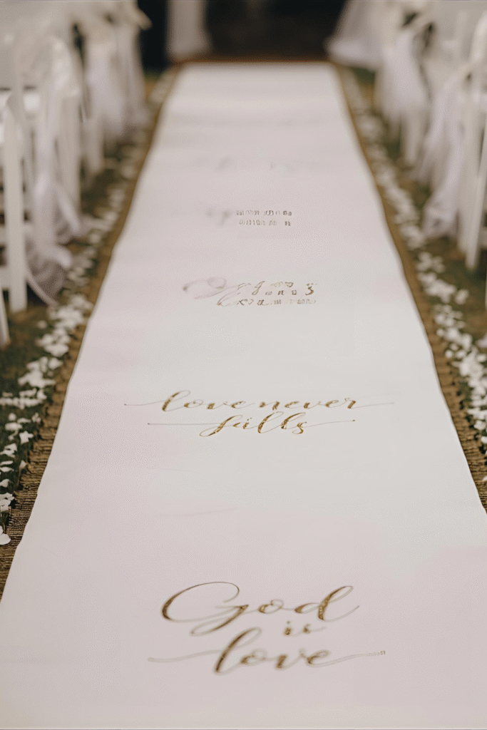 Use a simple runner printed with verses such as “Love Never Fails” or “God Is Love.” Clean, minimalist, and perfectly aligned to the theme.